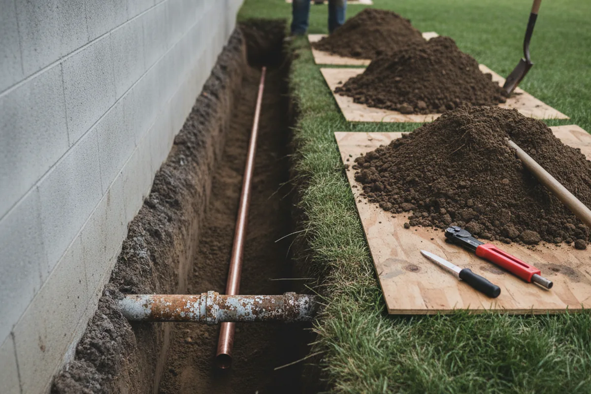 Excavated water line trench during Water Softener Installation in Del Rio